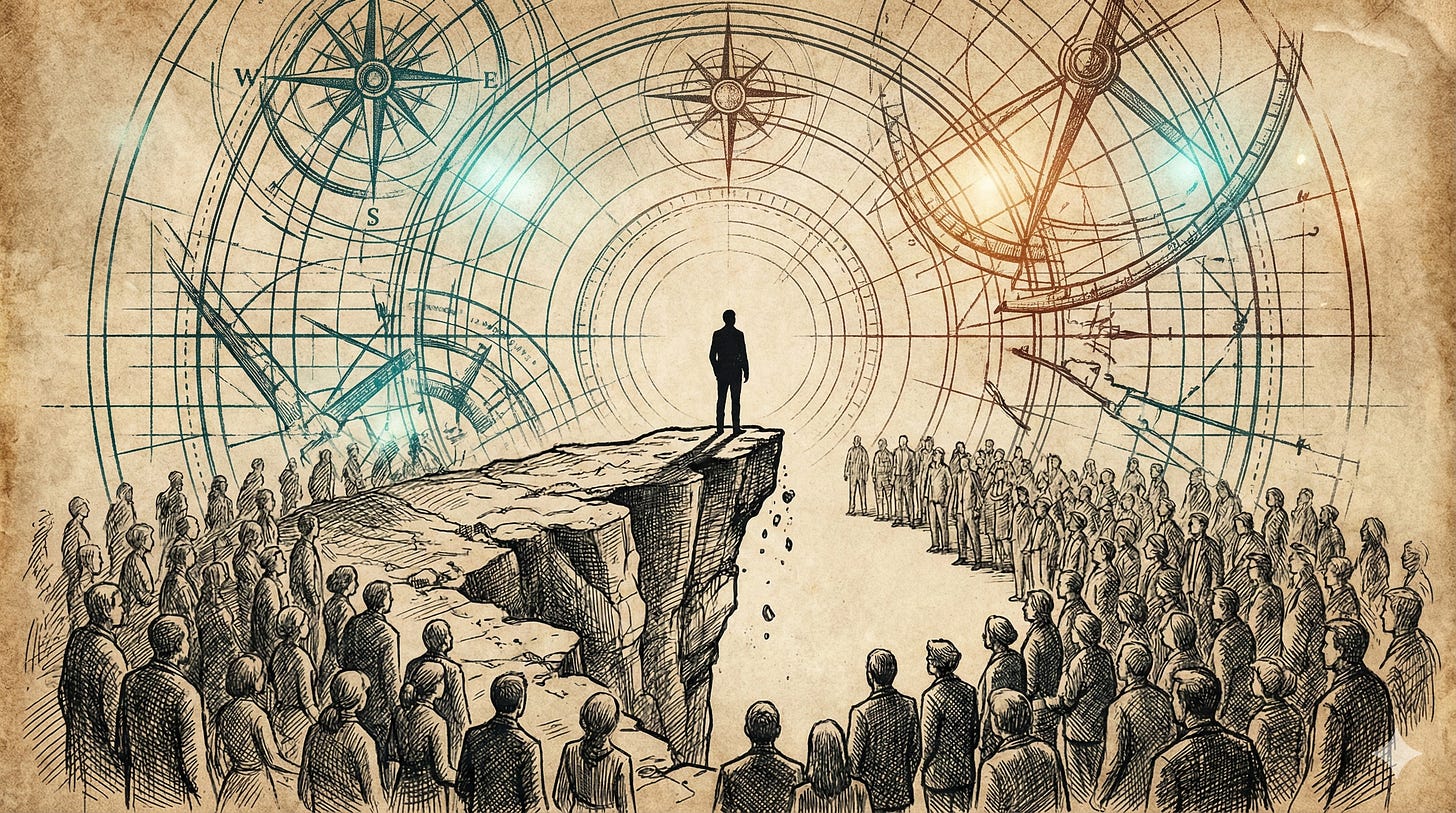 Radical centrist between AI hype and doom defending nuanced position against opposing hot takes — etching illustration in teal and rust Radical centrist between AI hype and doom defending nuanced position against opposing hot takes — etching illustration in teal and rust