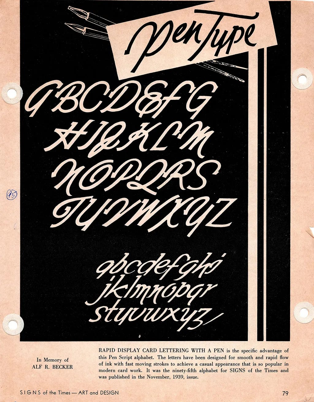 Alphabet No. 95 from Alf R. Becker's Signs of the Times series — Pen Type, a flowing pen script designed for rapid display card lettering, shown in white on black, November 1939. Published posthumously with the note "In Memory of Alf R. Becker."