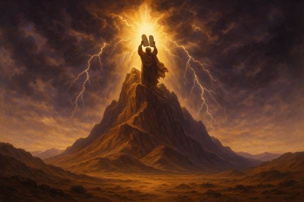 A dramatic biblical scene of Mount Sinai with Moses receiving the Ten Commandments. Show a towering mountain peak with divine light, thunder clouds, and lightning. Moses stands on the summit holding stone tablets, with the mountain appearing both majestic and holy. Desert landscape surrounds the base. Cinematic, epic biblical art style with warm golden and purple tones.
