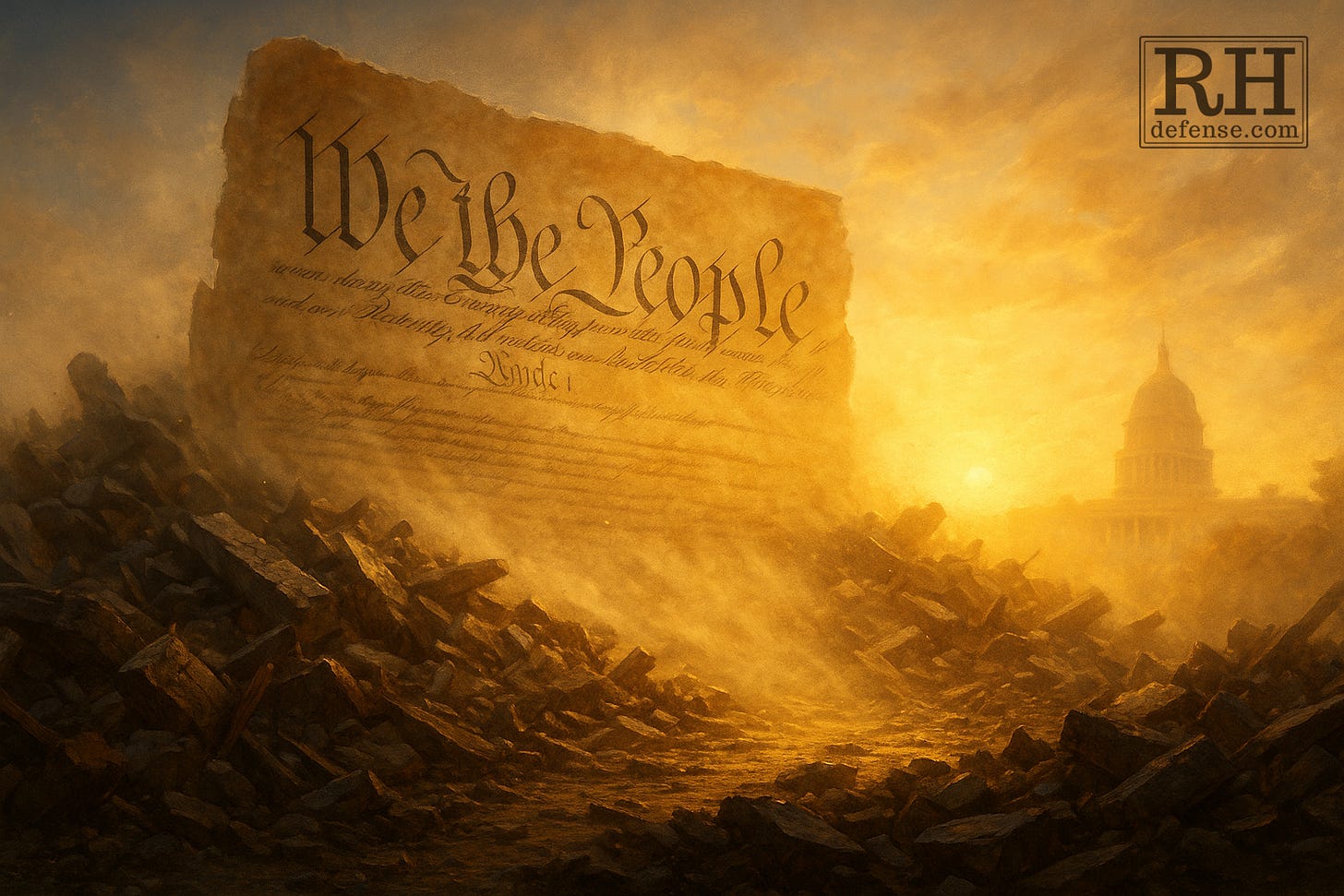 A vast fragment of the U.S. Constitution rises from the rubble of the demolished East Wing at sunrise, glowing with the words “We the People.” The Capitol dome looms faintly through the haze as golden light cuts through the dust, evoking renewal from ruin.