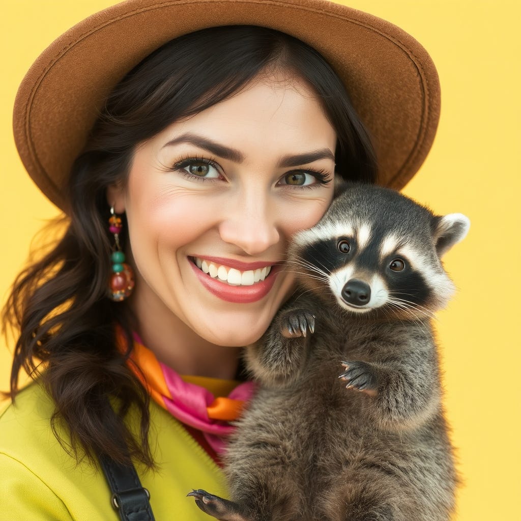 Happy 30-year-old, dark-haired, Caucasian woman with vivid color clothes, wearing a hat, holding a racoon, wearing contrasting vivid color accessories, isolated on a vivid contrasting beige background, HEX 999966, Happy 30-year-old, dark-haired, Caucasian woman with vivid color clothes, wearing a hat, holding a racoon, wearing contrasting vivid color accessories, isolated on a vivid contrasting beige background, HEX 999966,