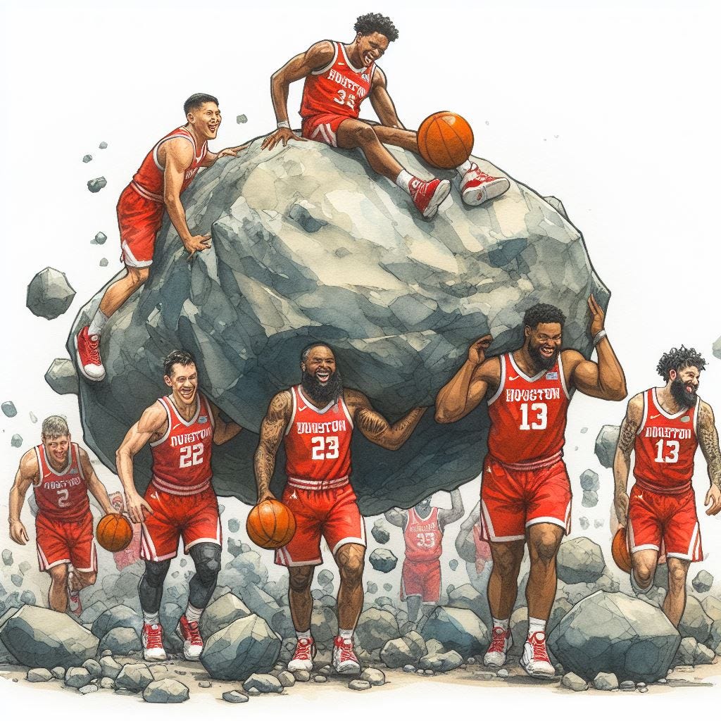 The Houston Cougars basketball team all carrying giant boulders on their backs and laughing, watercolor The Houston Cougars basketball team all carrying giant boulders on their backs and laughing, watercolor