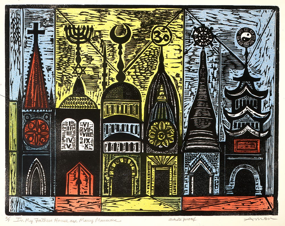 Illustration of a single building constructed almost townhouse style, with each individual unit representing a different world religion