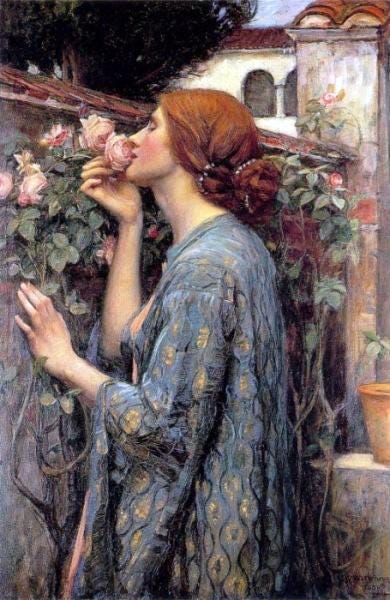 A young woman in a red gown presses her face to roses climbing a sunlit stone wall A young woman in a red gown presses her face to roses climbing a sunlit stone wall