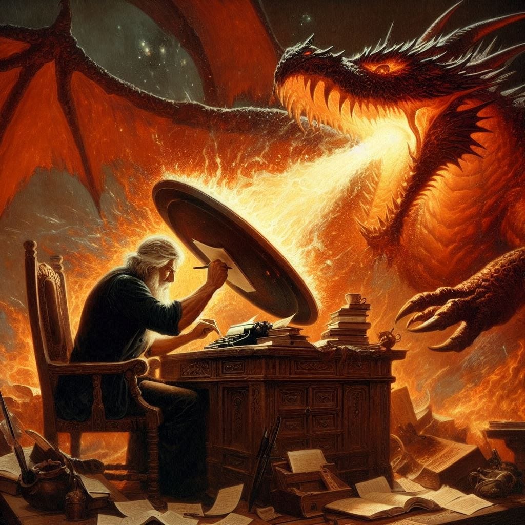 An author busy writing at a desk with one hand while wielding a large shield with his other hand to deflect a dragon's fiery breath splattering off the shield, in the style of a Frazetta epic fantasy painting. 