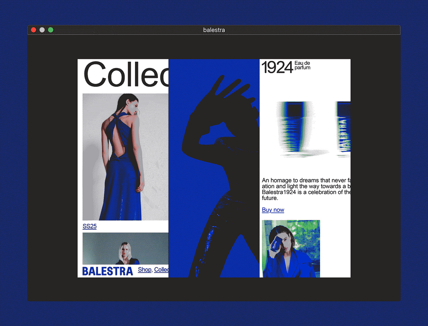 mockup of computer window housing a collage of screenshots from the Balestra website
