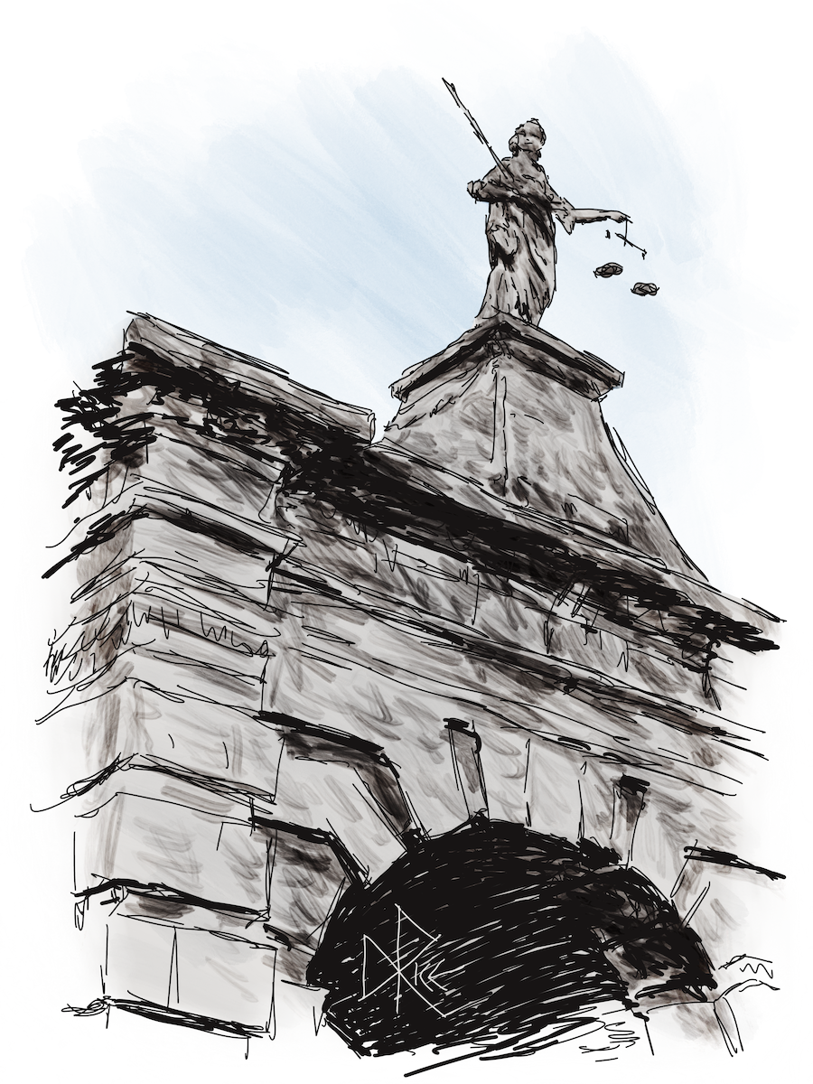 Holding a sword in one hand and scale in the other, a statue of Lady Justice stands above a stone gate. Sketch art by Don Rice. Holding a sword in one hand and scale in the other, a statue of Lady Justice stands above a stone gate. Sketch art by Don Rice.