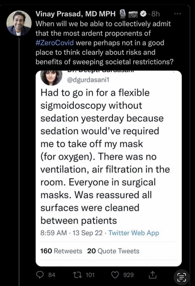 a tweet by vinay prasad implying a female epidemiologist is hysterical for wishing to not get COVID at the hospital