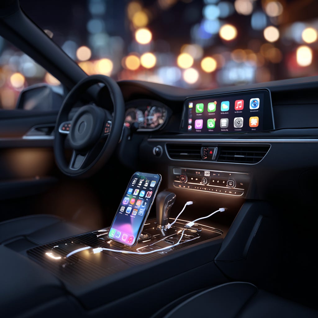 A car interior at night with blurred city lights in the background. The center console displays a smartphone connected with cables, while the dashboard screen shows Apple CarPlay icons, including navigation, music, and messaging apps. The setup highlights in-car tech integration for convenience and connectivity.