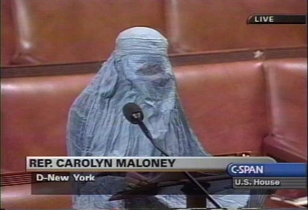 Carolyn Maloney wearing a burqa on the floor of the House of Representatives in a speech she gave on October 16, 2001 in support of the US invasion of Afghanistan