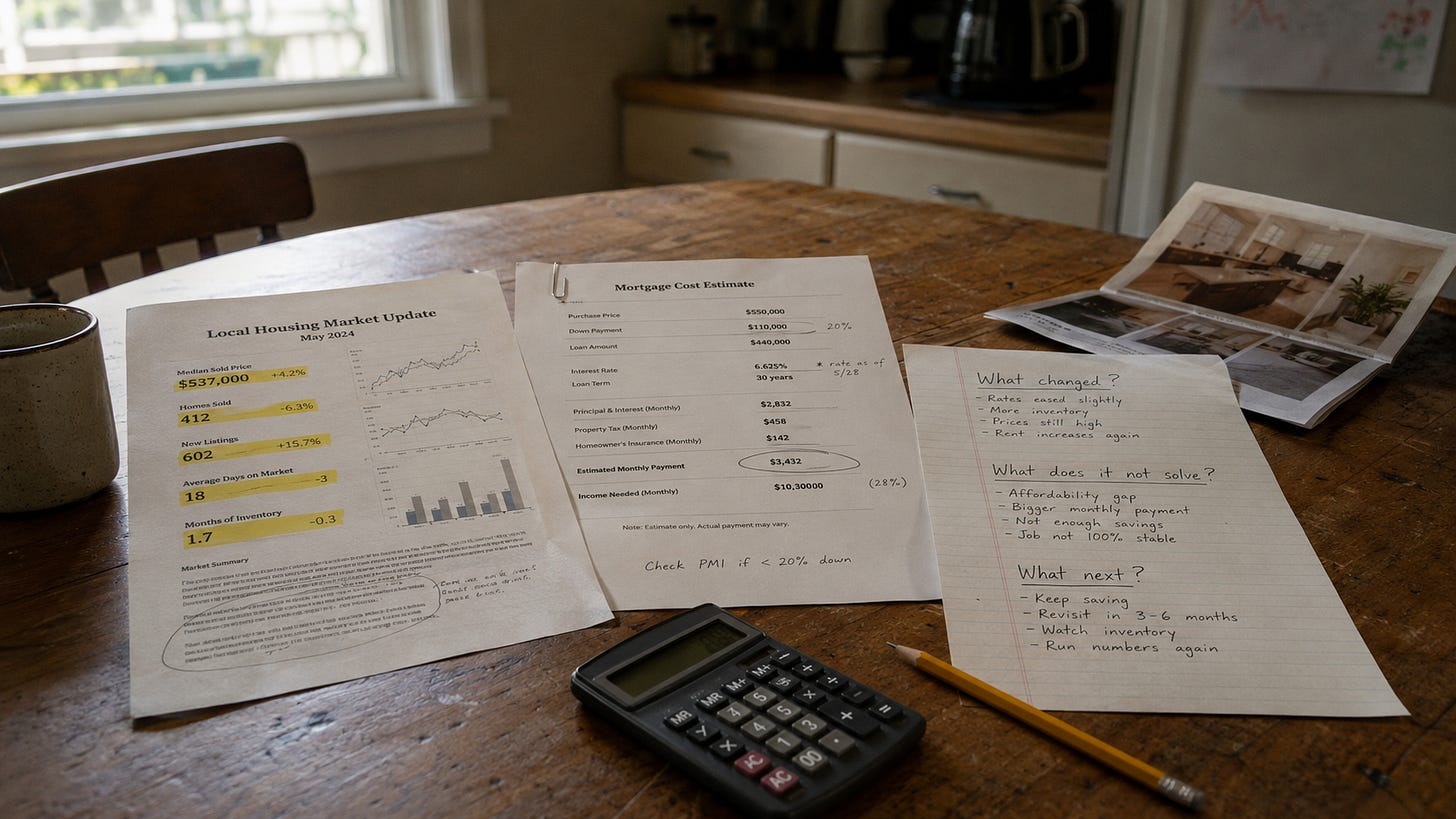 A horizontal early-morning desk scene with a highlighted housing-market update, a mortgage-cost estimate, a calculator and handwritten notes labeled “What changed?”, “What does it not solve?” and “What next?”. A horizontal early-morning desk scene with a highlighted housing-market update, a mortgage-cost estimate, a calculator and handwritten notes labeled “What changed?”, “What does it not solve?” and “What next?”.