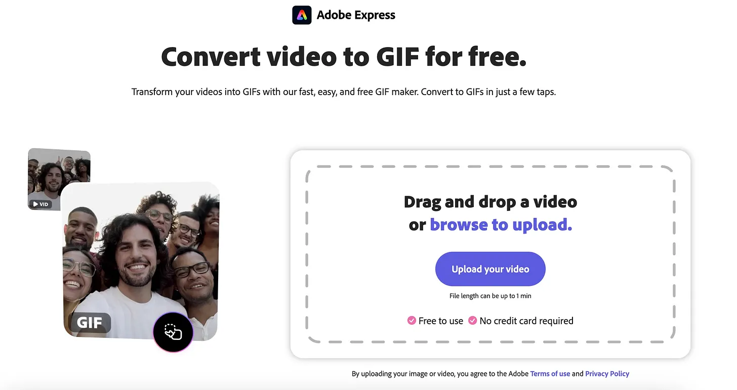 Interfaz de Adobe Express en la que se muestra una recuadro para arrastrar o subir un video y comenzar con la creación de un GIF animado.