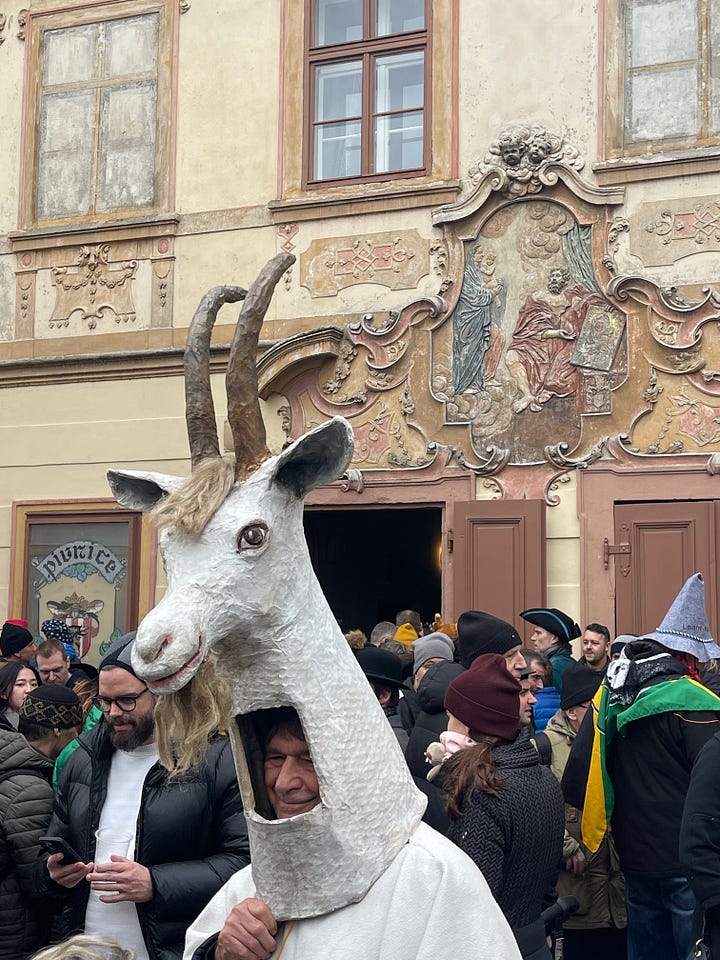 A woman offers cups of svařák (Czech mulled wine) to strangers during the Masopust procession.