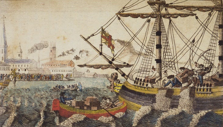 old painting of Americans throwing tea over the side of English ships into Boston harbour