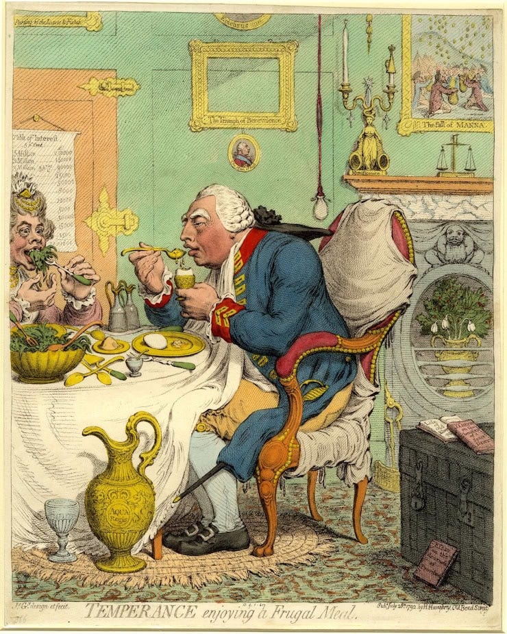 'Temperance enjoying a frugal meal', Print by James Gillray, British Museum Collection, Wikipedia Commons