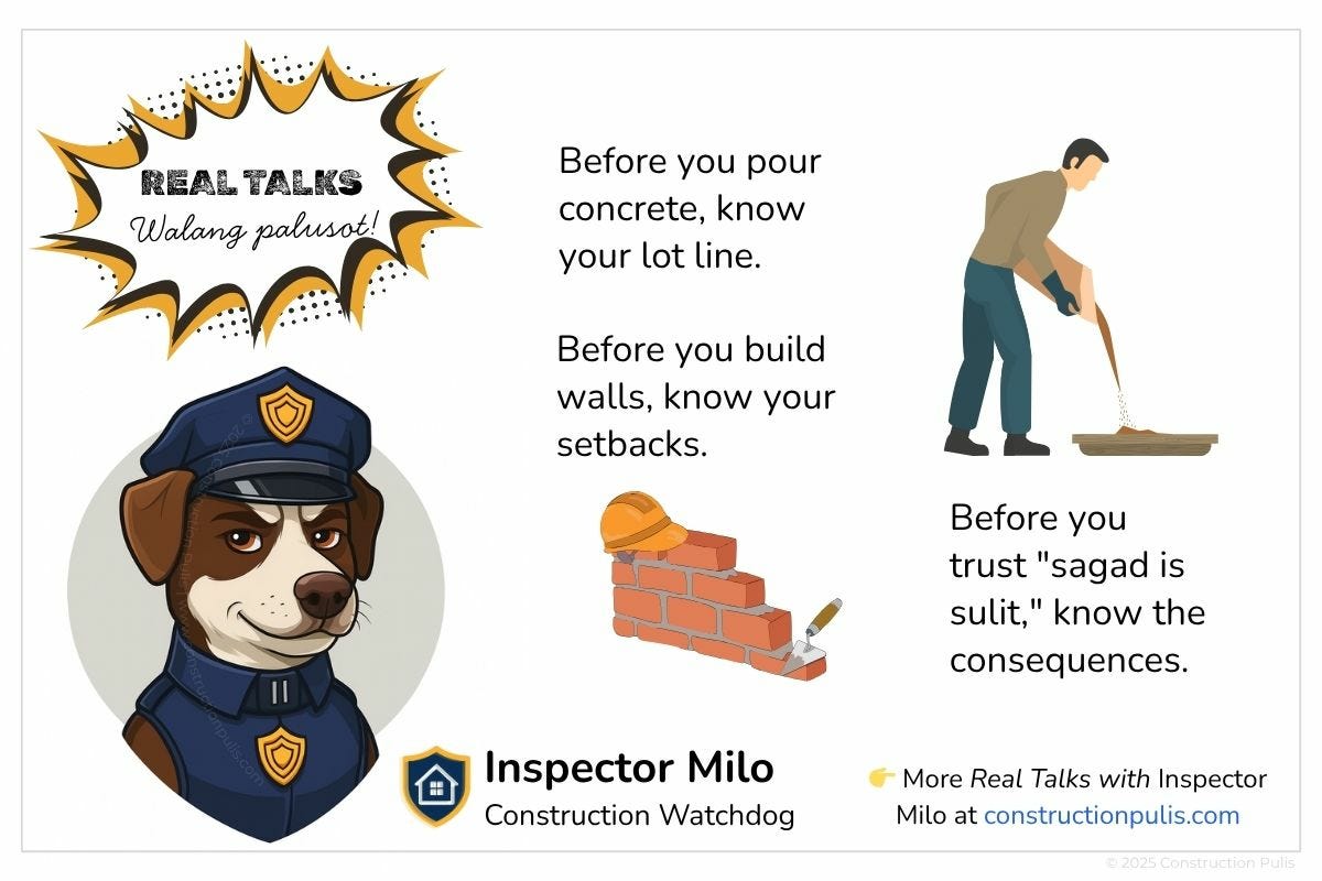 Inspector Milo's Real Talks reminder: know your lot line before pouring concrete, know your setbacks before building walls, and know the consequences before trusting sagad is sulit