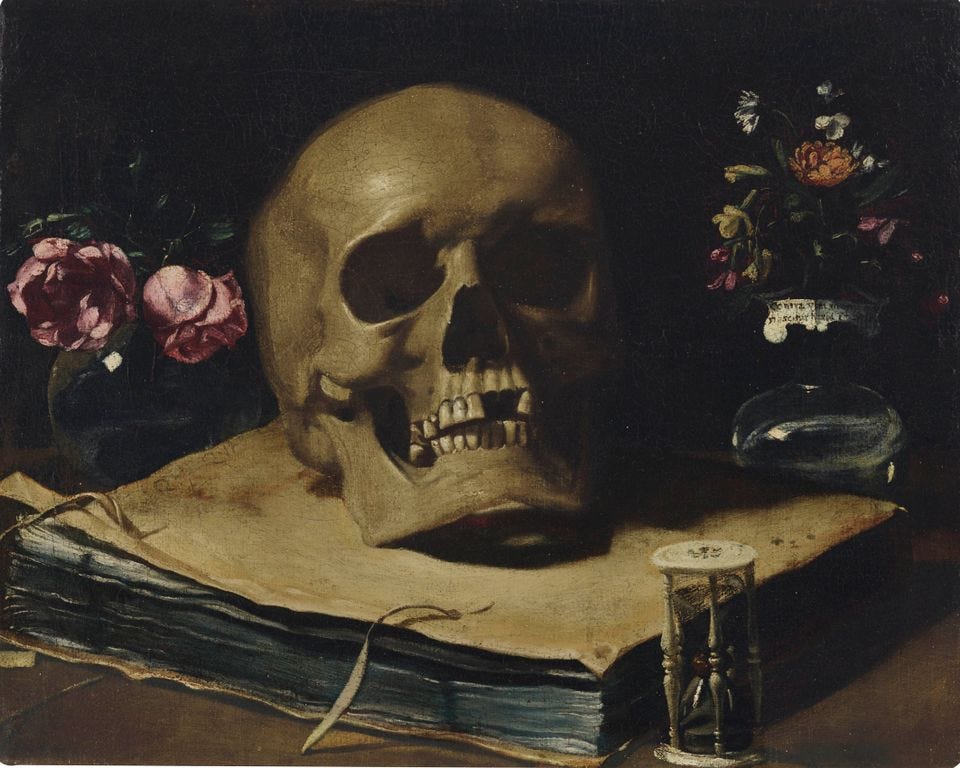 "Vanitas" painting: a skull sitting on top of a tattered manuscript, surrounded by drooping flowers, with a small hourglass in the foreground "Vanitas" painting: a skull sitting on top of a tattered manuscript, surrounded by drooping flowers, with a small hourglass in the foreground