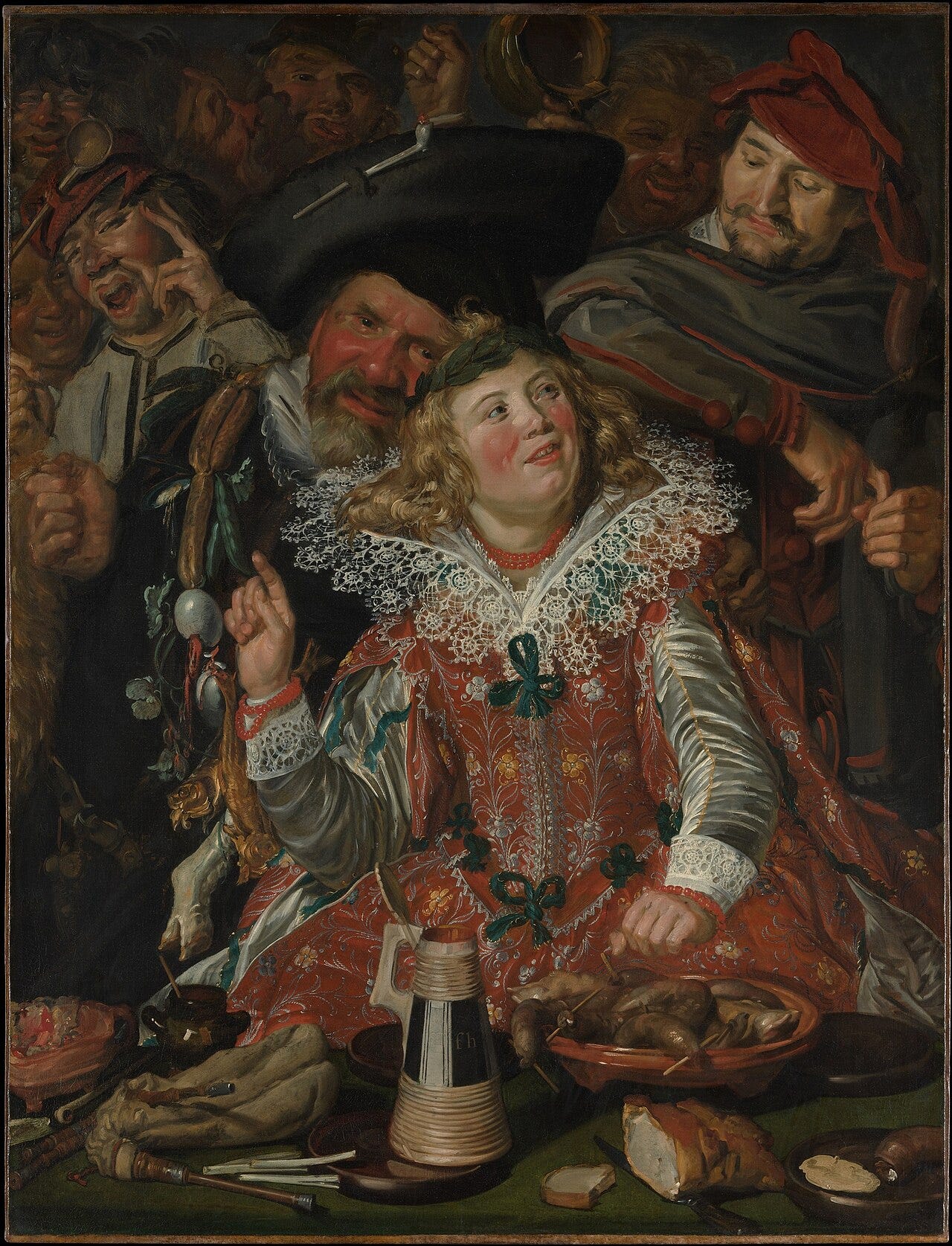 A crowd pressing around a woman at a holiday feast A crowd pressing around a woman at a holiday feast