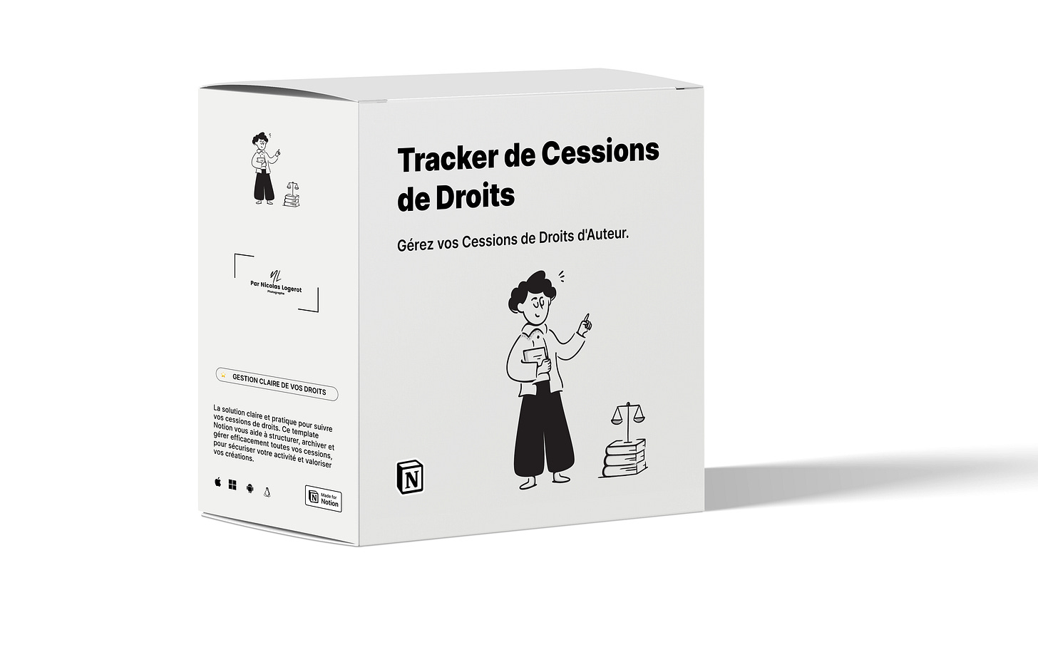 Mockup d'une boîte en carton représentant le packaging du template Notion 'Tracker de Cessions de Droits', conçu pour faciliter la gestion des droits d'utilisation des images et des projets.
