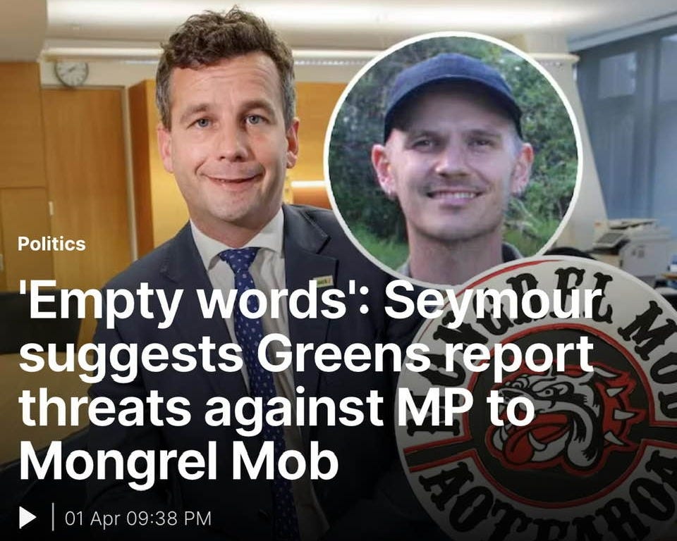 Headline in which Seymour suggests that the Greens hand matters of bullying to the Mongrel Mob.