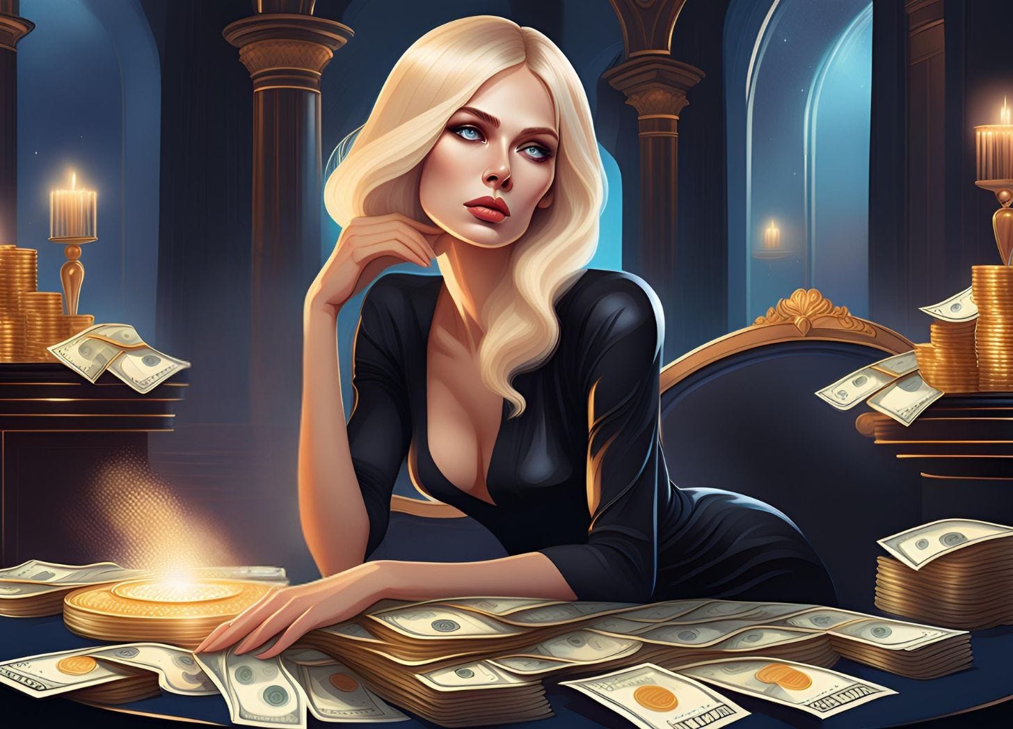 A Russian woman with blonde hair and blue eyes leaning over a table worried about her financial situation. A Russian woman with blonde hair and blue eyes leaning over a table worried about her financial situation.