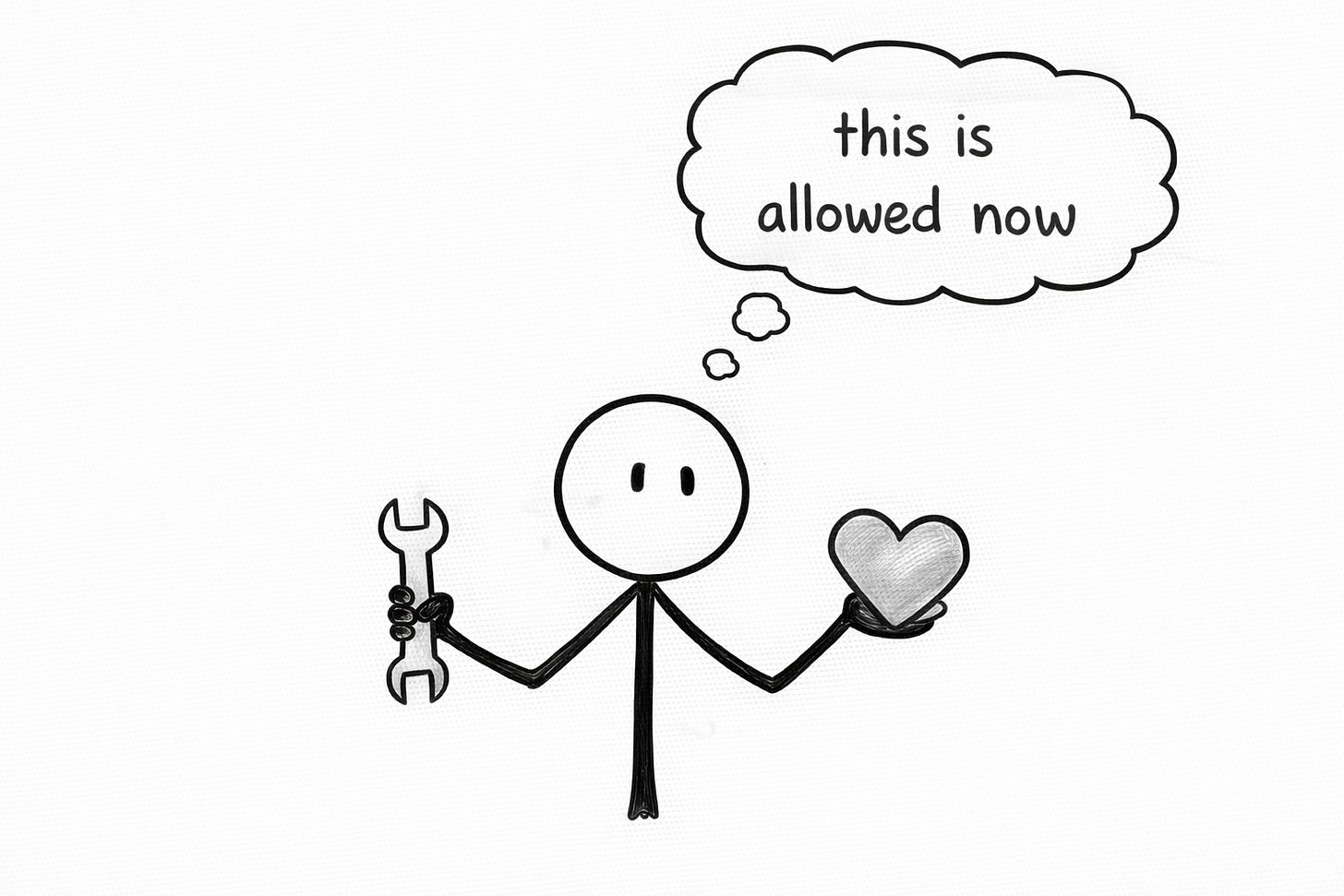 Minimal whiteboard sketch of a stick figure holding a tool in one hand and a heart in the other with a thought bubble reading “this is allowed now,” symbolizing emotional integration with AI tools in creative work.