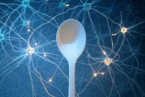 A mundane object from daily life, the plastic spoon is juxtaposed against a neural network background, highlighting how synthetic materials now infiltrate our most complex organ.