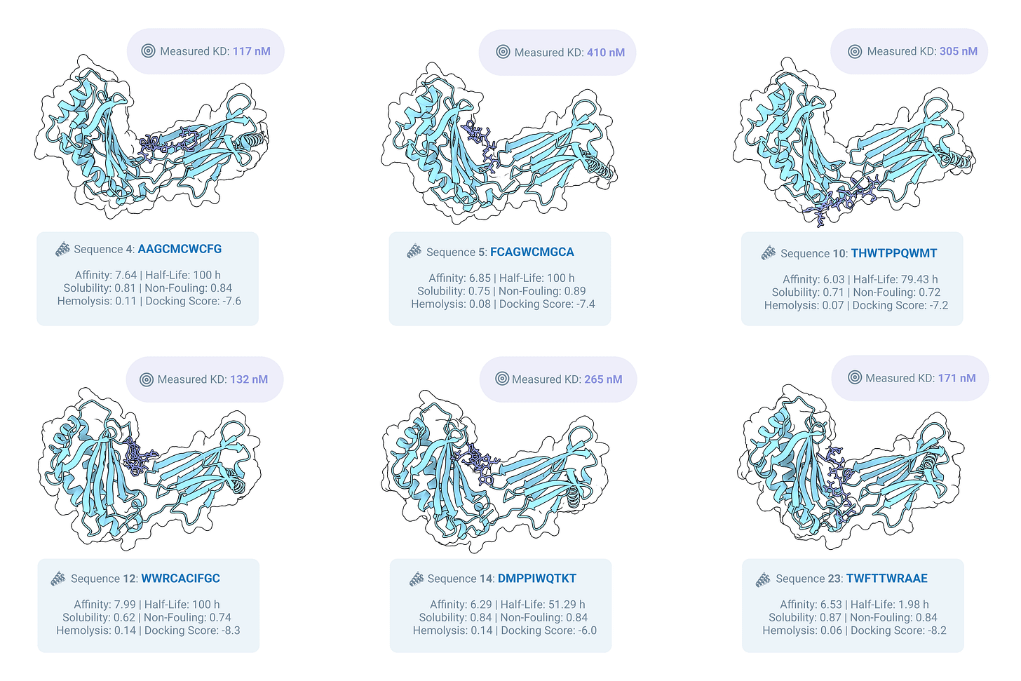 Grid of all successful MOG-DFM binders with KD values and 