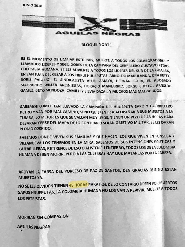 En La Guajira, San Juan del Cesar, Fonseca y Villanueva circuló panfleto de las 'Águilas Negras, Bloque Norte' con fecha Junio de 2018 en el que amenazan de muerte a varios líderes En La Guajira, San Juan del Cesar, Fonseca y Villanueva circuló panfleto de las 'Águilas Negras, Bloque Norte' con fecha Junio de 2018 en el que amenazan de muerte a varios líderes