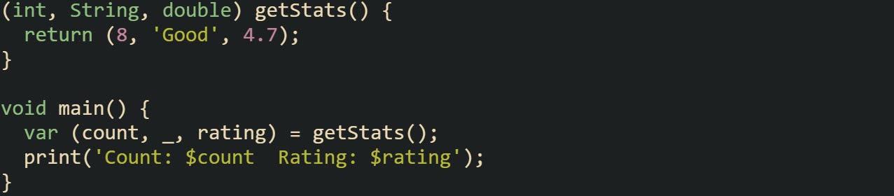 (int, String, double) getStats() { return (8, 'Good', 4.7); } void main() { var (count, _, rating) = getStats(); print('Count: $count Rating: $rating'); } (int, String, double) getStats() { return (8, 'Good', 4.7); } void main() { var (count, _, rating) = getStats(); print('Count: $count Rating: $rating'); }