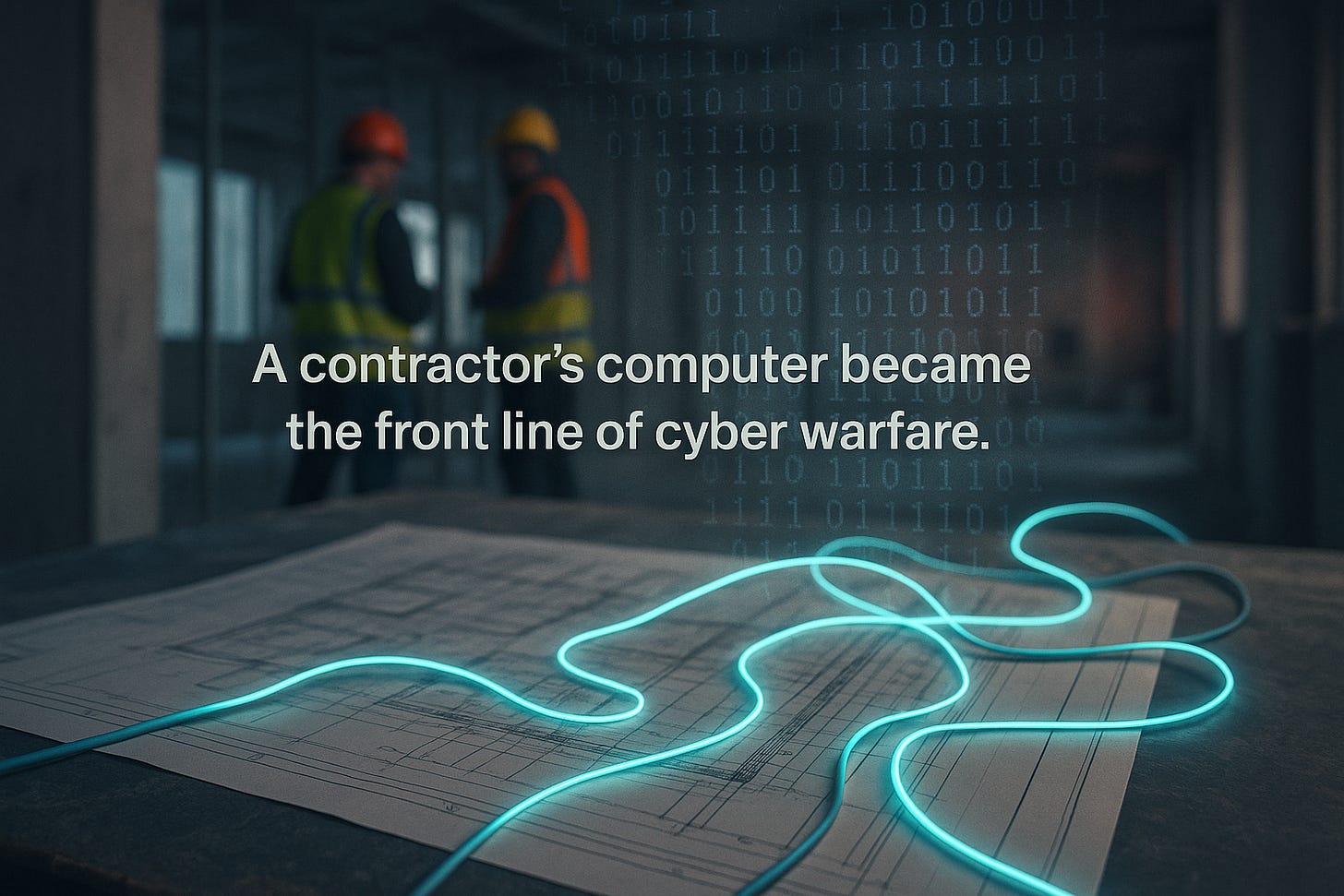 Blueprints on a construction table turning into digital code to symbolise a data breach