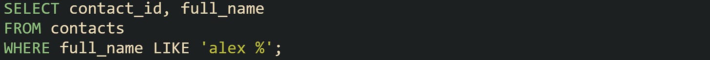 SELECT contact_id, full_name FROM contacts WHERE full_name LIKE 'alex %';