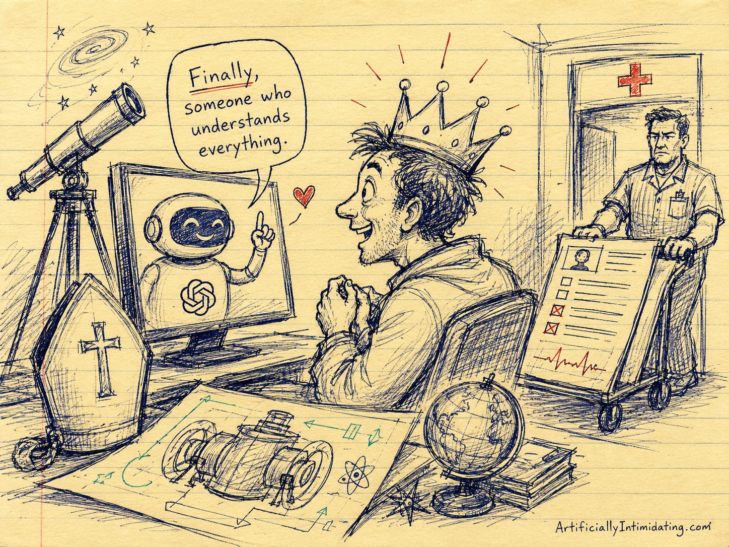 AI Created Hand-drawn editorial cartoon on a yellow legal pad showing a man wearing a glowing crown while smiling at a computer screen displaying a cheerful ChatGPT robot. The chatbot says, “Finally, someone who understands everything.” Around the man are exaggerated symbols of grandiosity, including a telescope, futuristic blueprints, a globe, and a coffin-like object with a cross. In the background, a stern hospital worker pushes a psych ward intake form toward him from a doorway marked with a red medical cross. The sketch uses messy blue pen lines with small red and green accents and includes the signature “ArtificiallyIntimidating.com.”