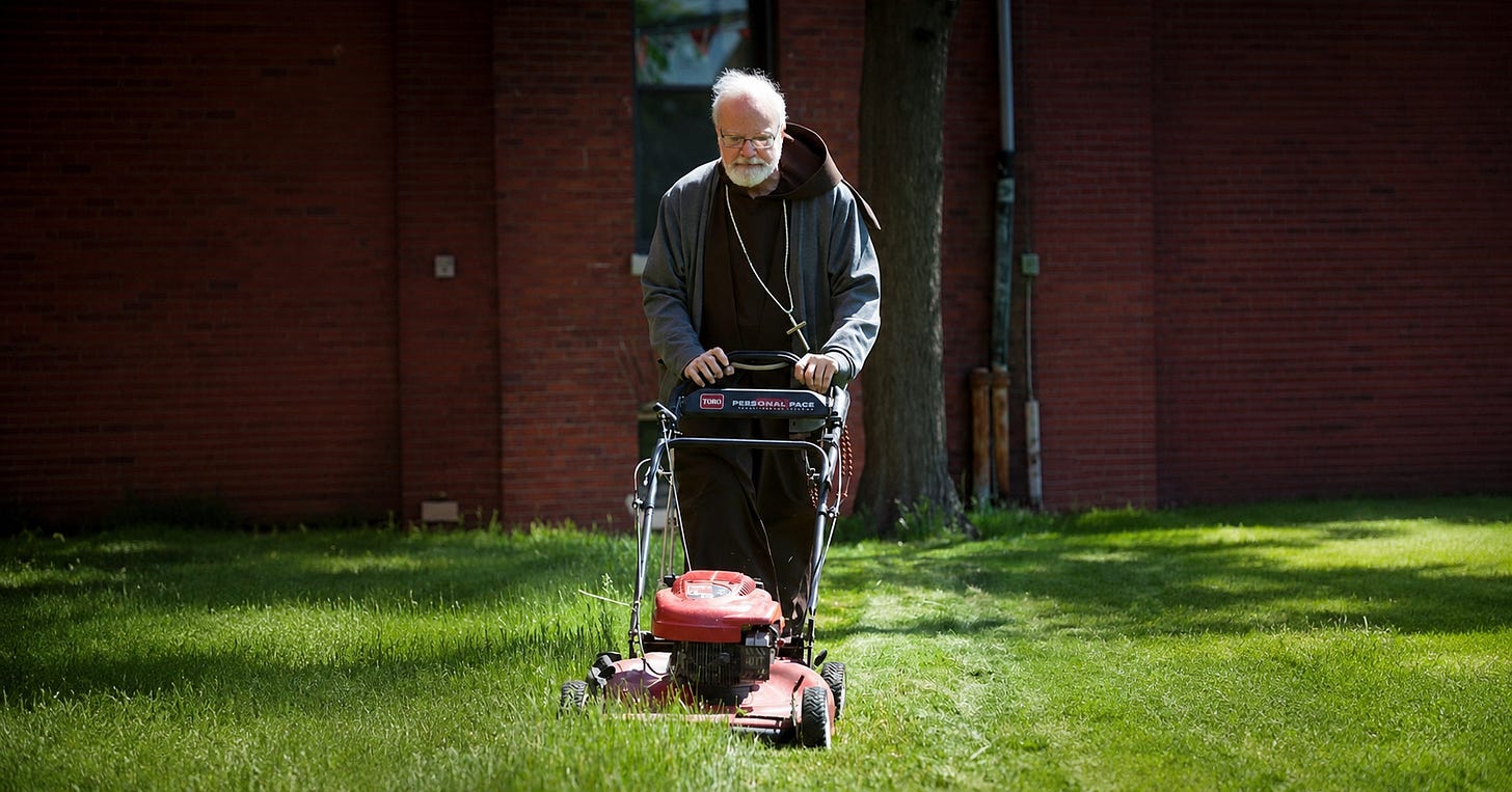 Cardinal Seán O’Malley mowing the lawn at St. Patrick’s Church in Roxbury, 2013 Cardinal Seán O’Malley mowing the lawn at St. Patrick’s Church in Roxbury, 2013