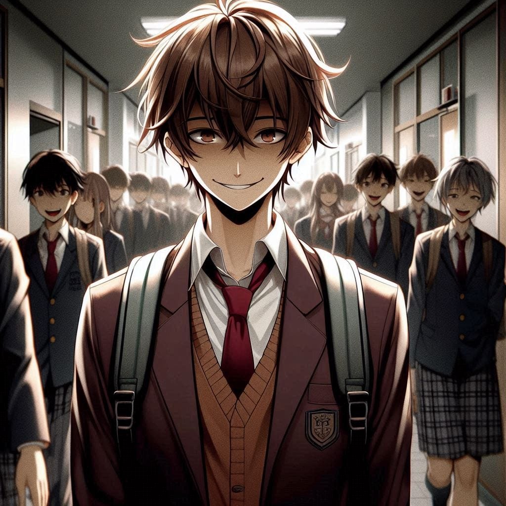 a young man with brown hair walking through a busy private school hallway while smiling to himself creepily. dark anime art style. a young man with brown hair walking through a busy private school hallway while smiling to himself creepily. dark anime art style.