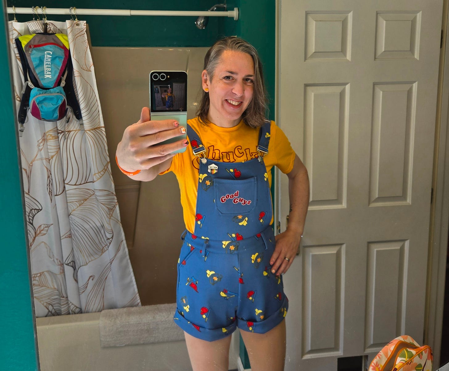 Ryanx is wearing Good Guys shortalls based on the Childs Play movies.