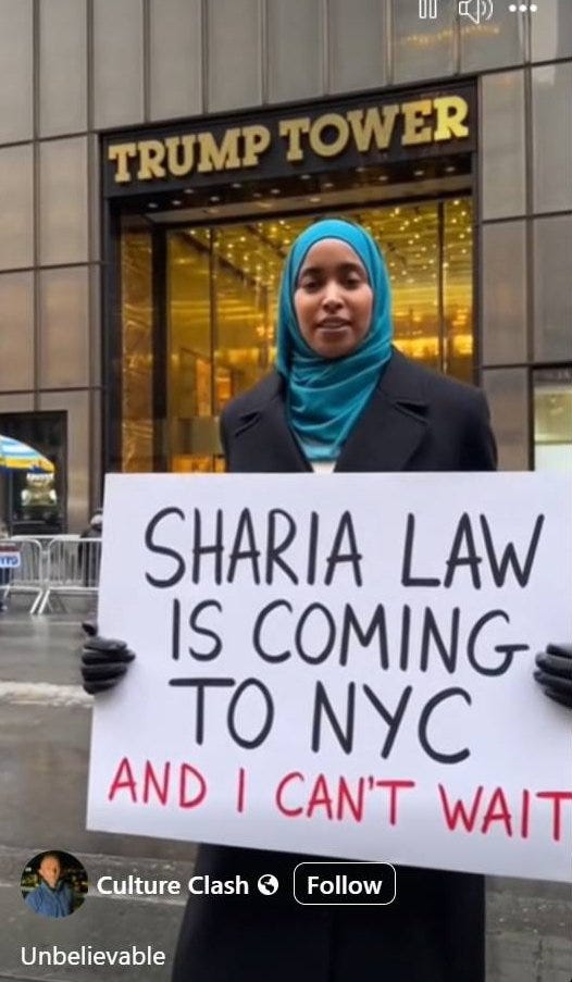 May be an image of text that says 'TRUMP TOWER ER SHARIA LAW IS COMING TO NYC AND I CAN'T WAIT Culture Clash Follow Unbelievable'