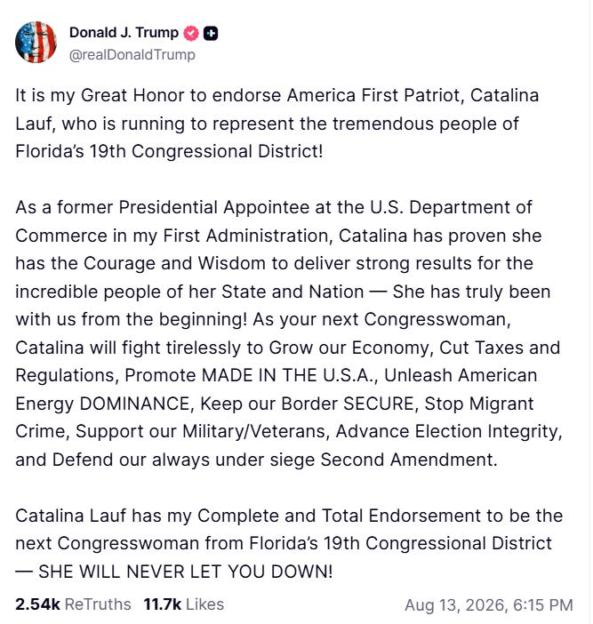 Trump Endosement of Catalina Lauf for FL-19