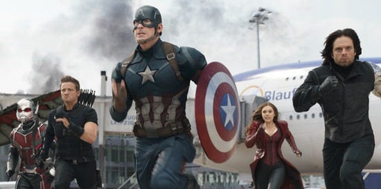 Marvel's Captain America: Civil War L to R: Falcon/Sam Wilson (Anthony Mackie), Ant-Man/Scott Lang (Paul Rudd), Hawkeye/Clint Barton (Jeremy Renner), Captain America/Steve Rogers (Chris Evans), Scarlet Witch/Wanda Maximoff (Elizabeth Olsen), and Winter Soldier/Bucky Barnes (Sebastian Stan) Photo Credit: Film Frame © Marvel 2016 Marvel's Captain America: Civil War L to R: Falcon/Sam Wilson (Anthony Mackie), Ant-Man/Scott Lang (Paul Rudd), Hawkeye/Clint Barton (Jeremy Renner), Captain America/Steve Rogers (Chris Evans), Scarlet Witch/Wanda Maximoff (Elizabeth Olsen), and Winter Soldier/Bucky Barnes (Sebastian Stan) Photo Credit: Film Frame © Marvel 2016