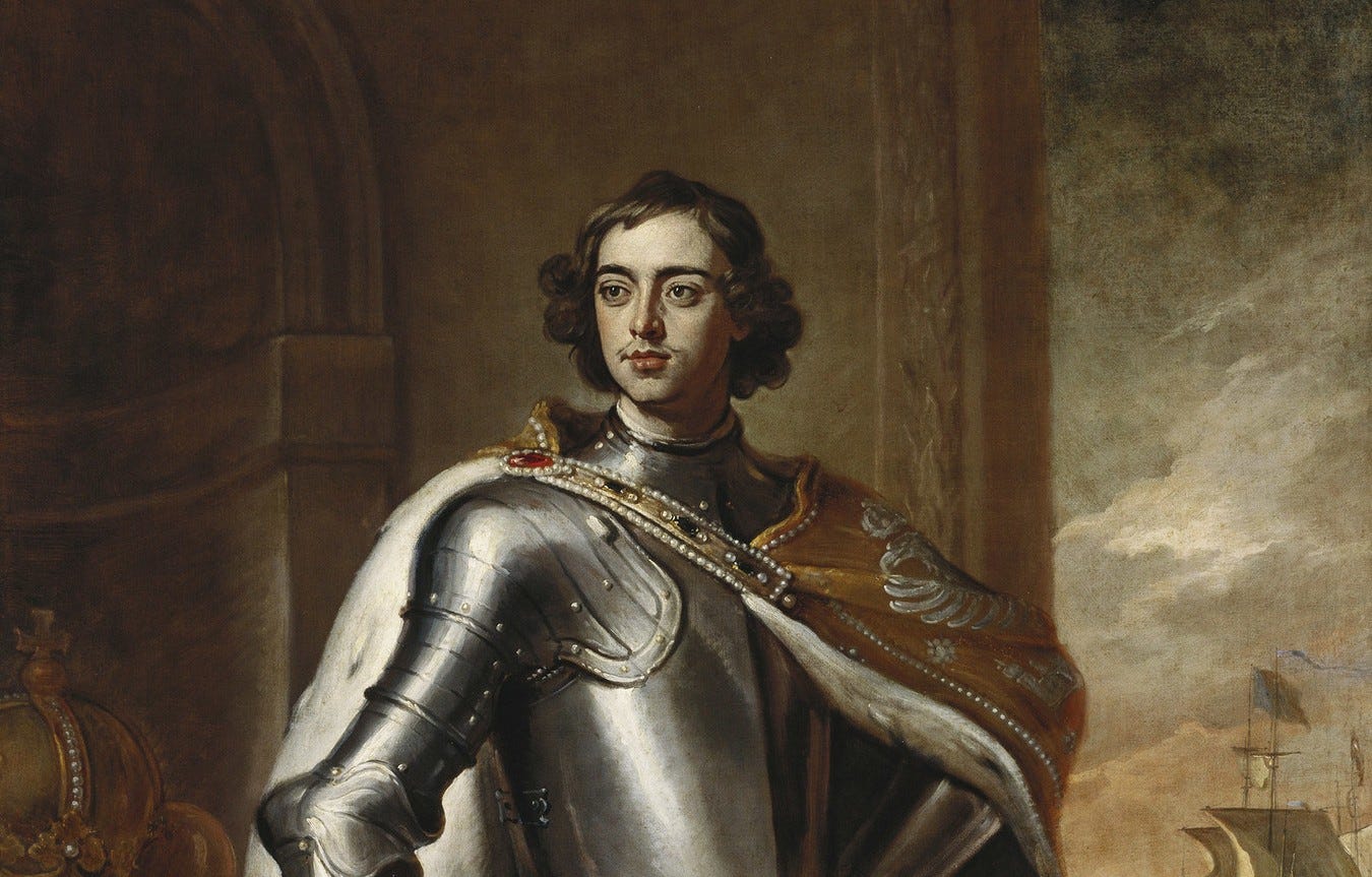 Detail of Peter the Great by Godfrey Kneller – a dashing young man with a wispy moustache looks soulfully off to the left of the image, wearing armour and robes