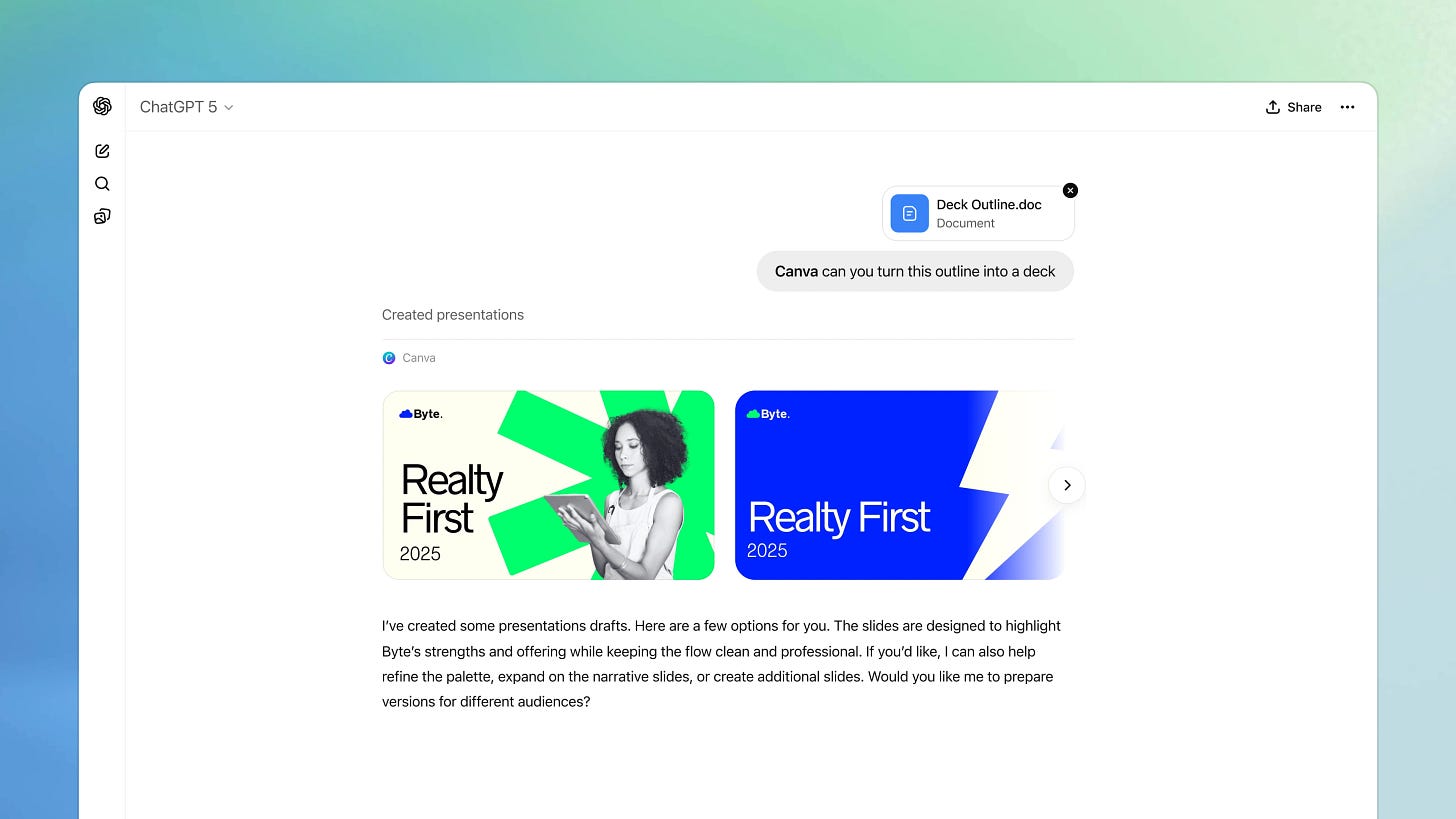 ChatGPT conversation showing a Canva integration. The user uploads a document titled ‘Deck Outline.doc’ and asks, ‘Canva, can you turn this outline into a deck?’ Canva responds with two presentation drafts titled ‘Realty First 2025,’ one in green and beige and another in blue and white, along with a message offering to refine the design or create versions for different audiences.