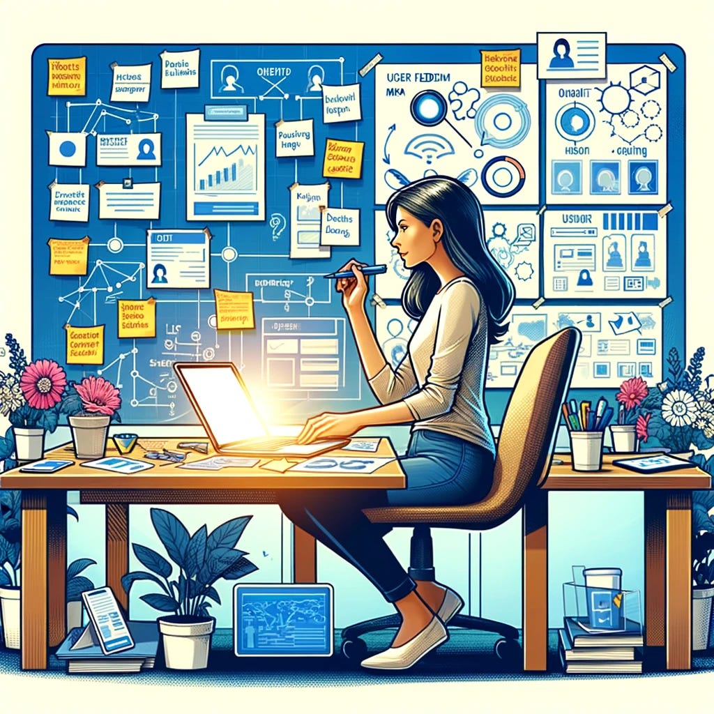 Illustrate a woman engaged in the process of Product Discovery. She is sitting at a large desk covered with notes, diagrams, and a laptop. The scene depicts her analyzing user feedback data, brainstorming ideas, and sketching out user journey maps. Various sticky notes are spread out, highlighting key insights and potential solutions. She appears focused and determined, embodying the spirit of innovation and user-centered design. The image should capture the essence of creativity and strategic thinking involved in Product Discovery.