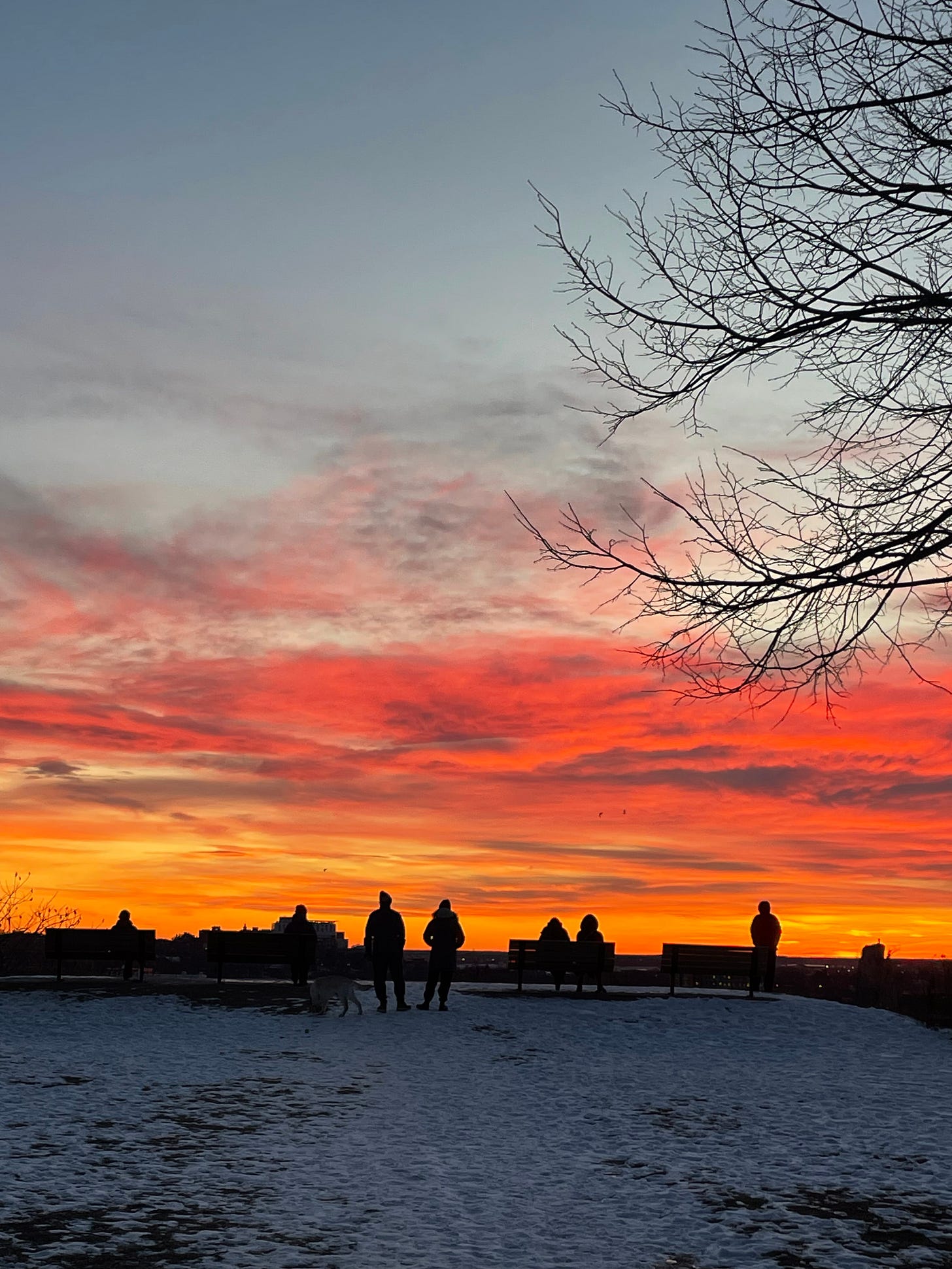 people watching the sunset over Portland, Maine in the snow.