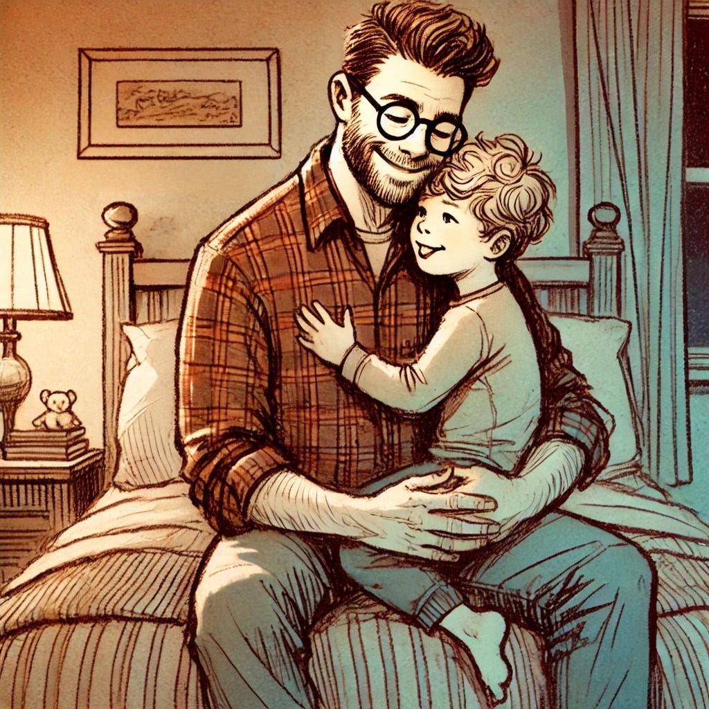 A warmly illustrated scene of a father affectionately holding his young child on his lap, seated on a bed in a cozy bedroom. A warmly illustrated scene of a father affectionately holding his young child on his lap, seated on a bed in a cozy bedroom.