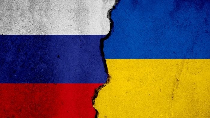 Ukraine VS Russia national flags Devided by cracks background, abstract Ukraine Russia politics economy culture history war relationship conflicts concept