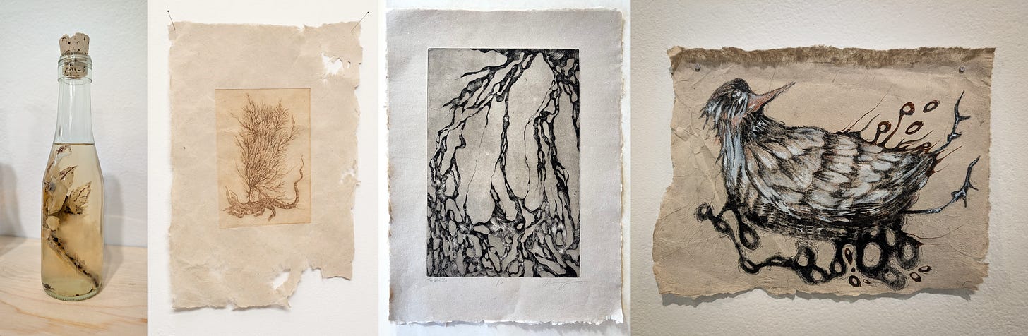 Artworks by Lillith Forsythe, including works on paper and in a stoppered glass bottle Artworks by Lillith Forsythe, including works on paper and in a stoppered glass bottle