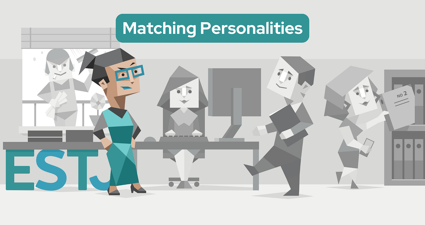 An ESTJ woman stands confidently in an office, emanating a sense of leadership. She wears blue glasses and a blue dress. Behind her, a team of diverse people are engaged in various tasks: a woman types at a computer, a man walks with a file, and another woman reaches for a binder. A final man is outside washing the window. The letters “ESTJ” are prominently displayed to the left.