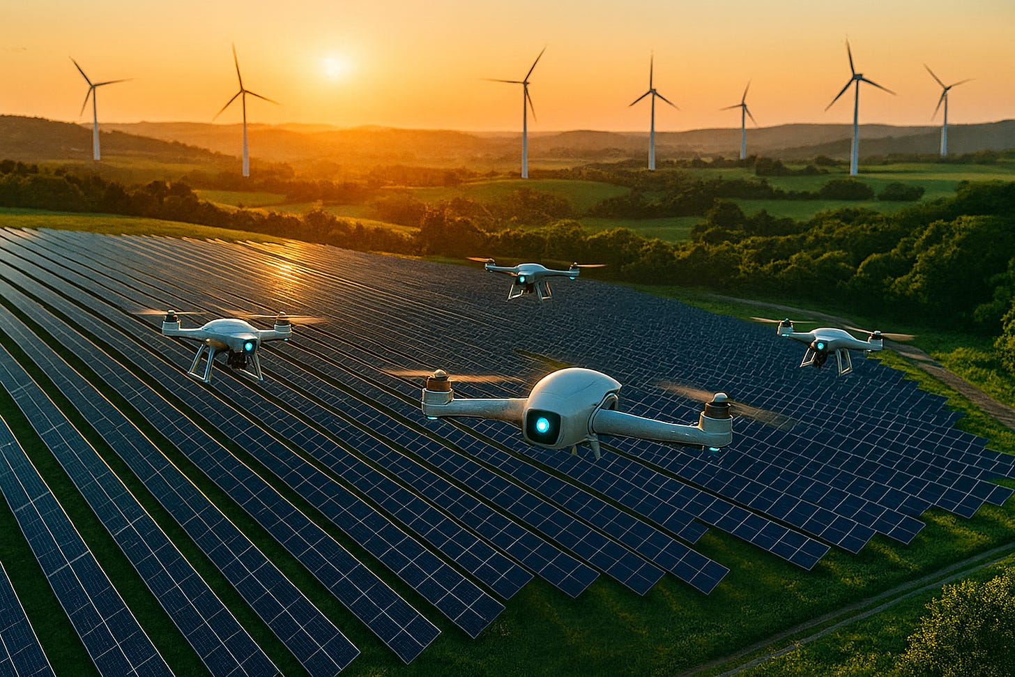 Ferma solară și turbinele eoliene la apus, cu drone autonomo AI de tip quadcopter inspectând panourile – fără elemente umanoide. Ferma solară și turbinele eoliene la apus, cu drone autonomo AI de tip quadcopter inspectând panourile – fără elemente umanoide.