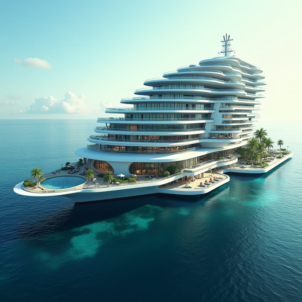 A sleek, floating modern 20-story hotel in the shape of a cruise ship as on jamaicas sea with a bridge across to land, its Protruding windows, multiple swimming suspending above ground and on the ground merging into sea. platforms create a dynamic, futuristic aesthetic, evoking a sense of tropical modernity.