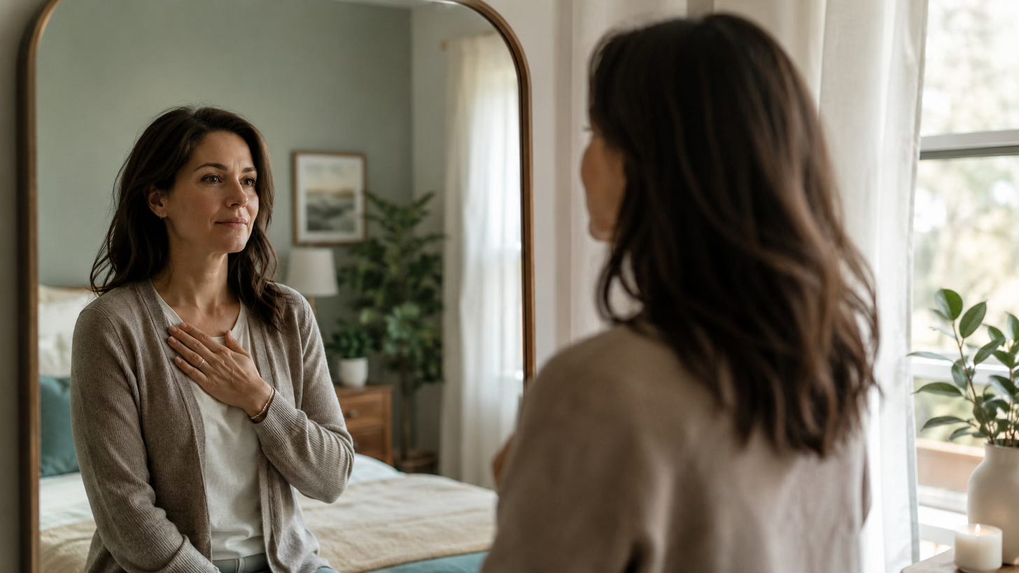 Woman pausing in front of a mirror, reflecting on self-criticism and the inner critic.